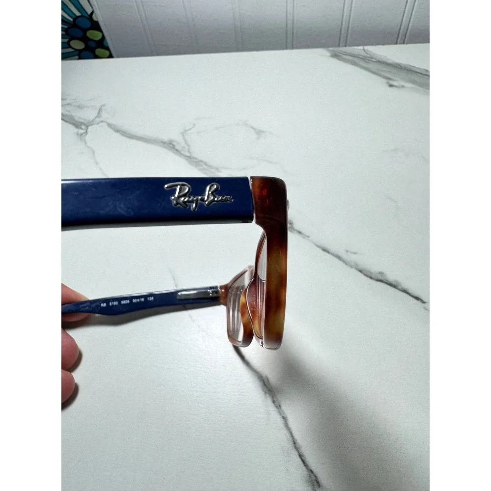 Ray-Ban RB 5150 5609 Brown Tortoise Navy Blue Rectangular Eyeglasses 50-19-135